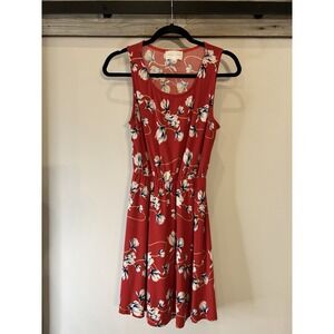 French Grey Knit Red Dress Women Size XS Red Floral Print